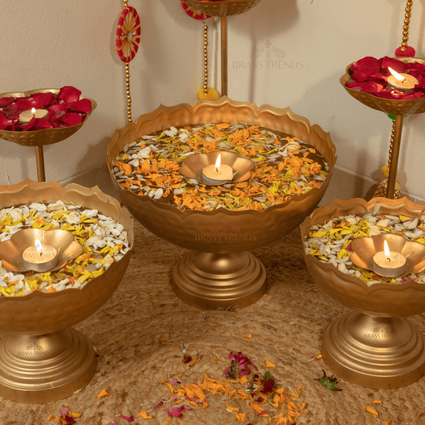 Hammered Taj Urli Bowl Lotus Tealight Candle Stand & Floating Diyas | Set of 9 Pieces