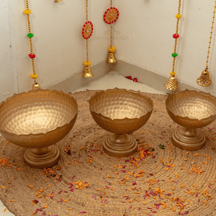 Hammered Taj Urli Bowl Lotus Tealight Candle Stand & Floating Diyas | Set of 9 Pieces