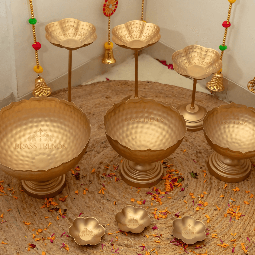 Hammered Taj Urli Bowl Lotus Tealight Candle Stand & Floating Diyas | Set of 9 Pieces