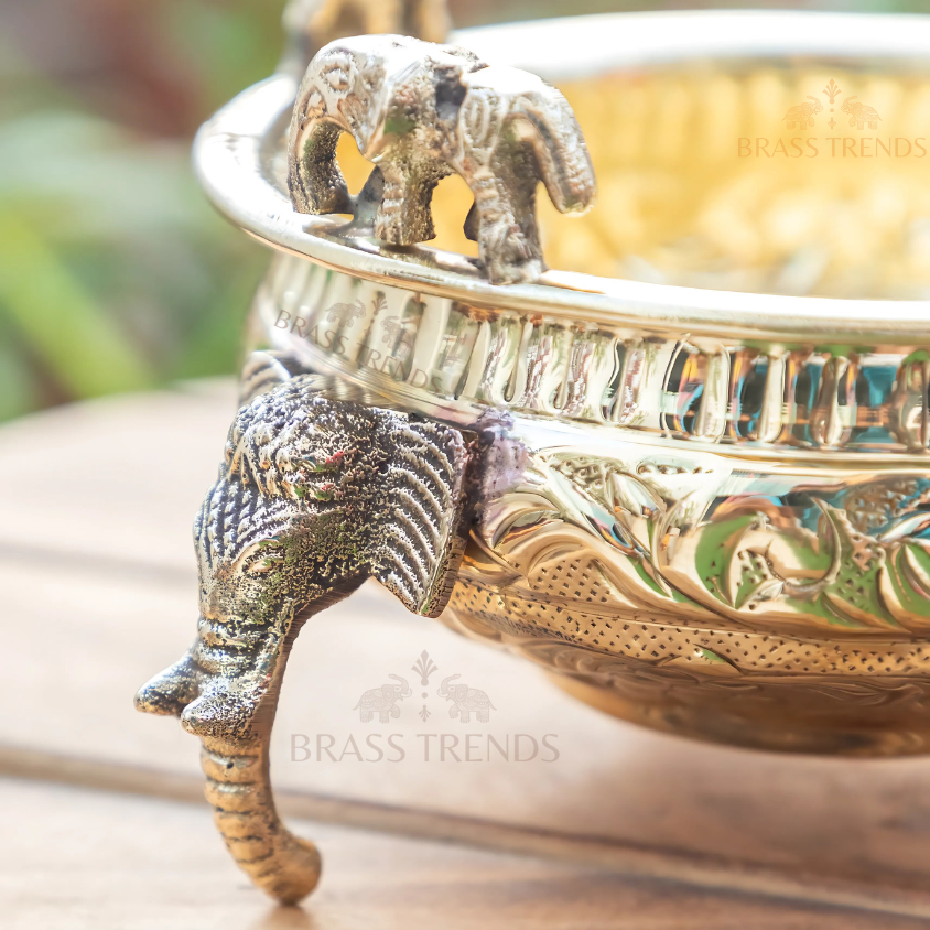 Pure Brass Embossed Design Urli with Elephant Statue - Antique Brassware & Elegant Home Décor Piece
