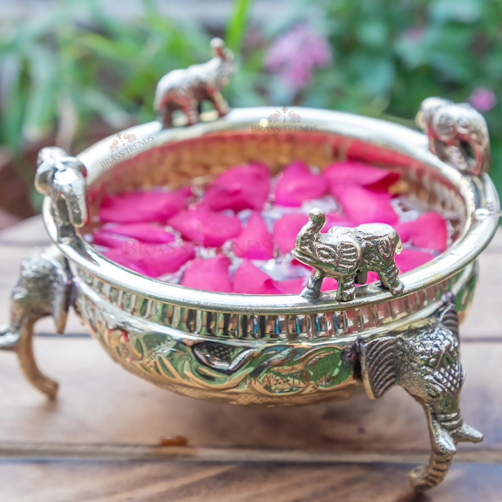 Pure Brass Embossed Design Urli with Elephant Statue - Antique Brassware & Elegant Home Décor Piece